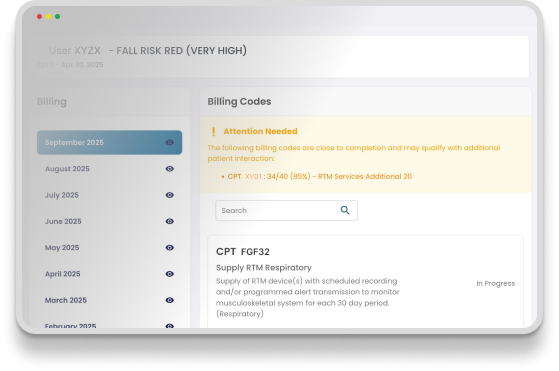 Better Balance RTM billing dashboard showing CPT codes, billing status, and automated claim tracking for remote therapeutic monitoring